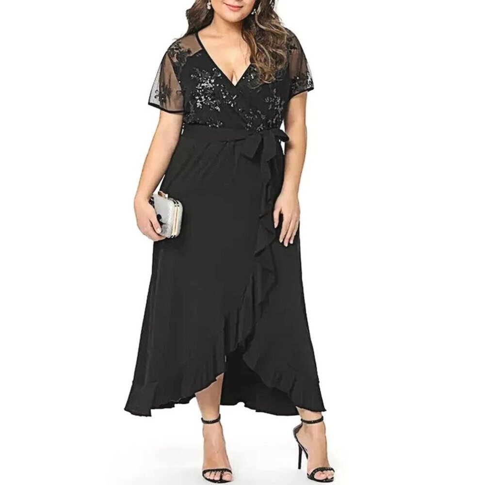 Stitching Sequin Top Sheer Mesh Sleeves Ruffled Hem Navy Blue Wrap Dress w/Belt
